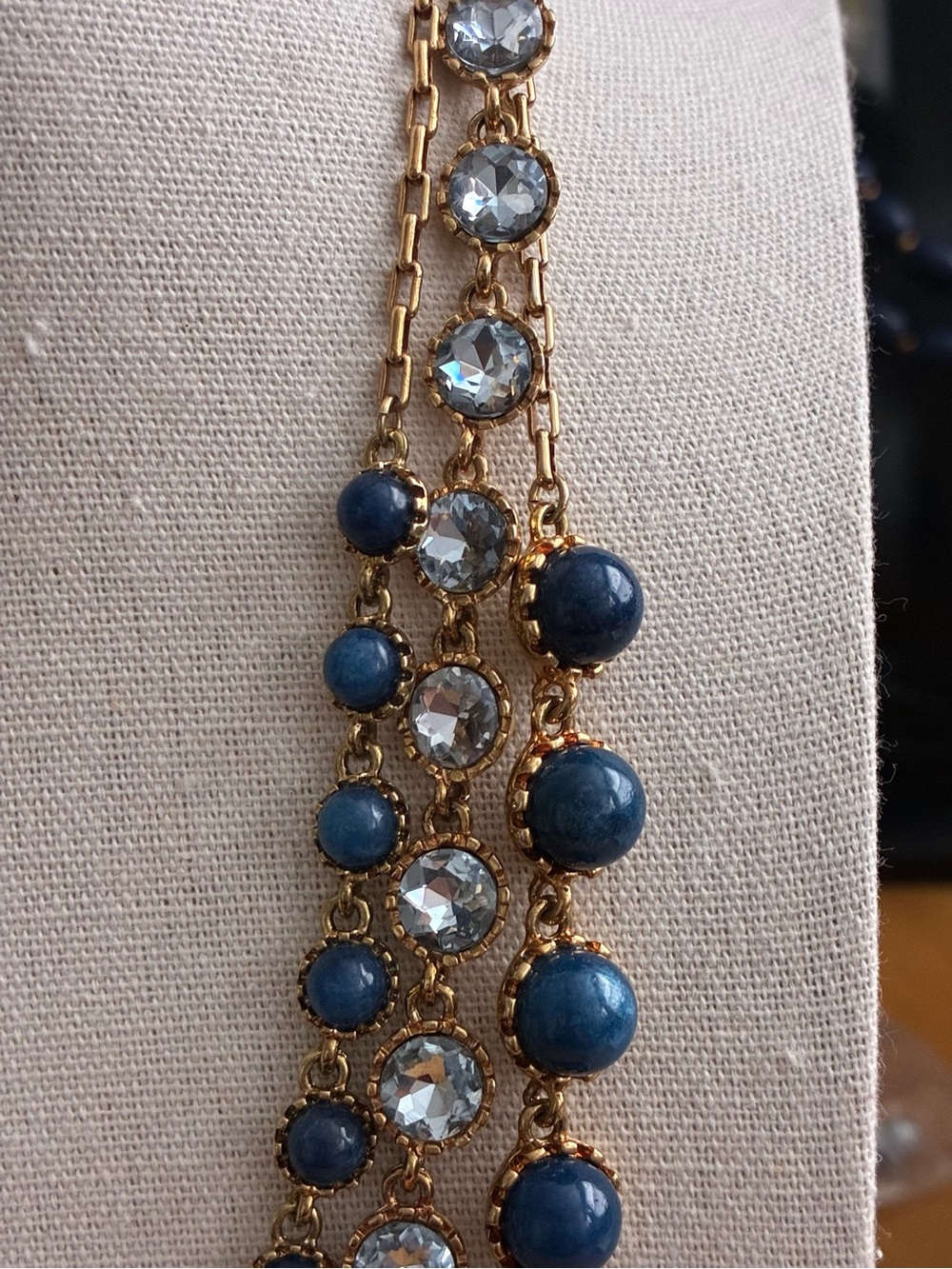 Three-Strand Gold Necklace with Navy Beads and Clear Crystals - Picture 4 of 6